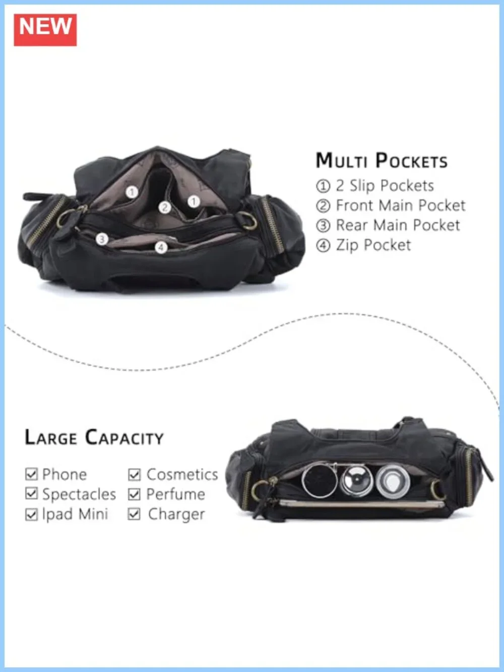 Vegan Leather Hobo Shoulder Bag Multi-Pocket Crossbody Purse